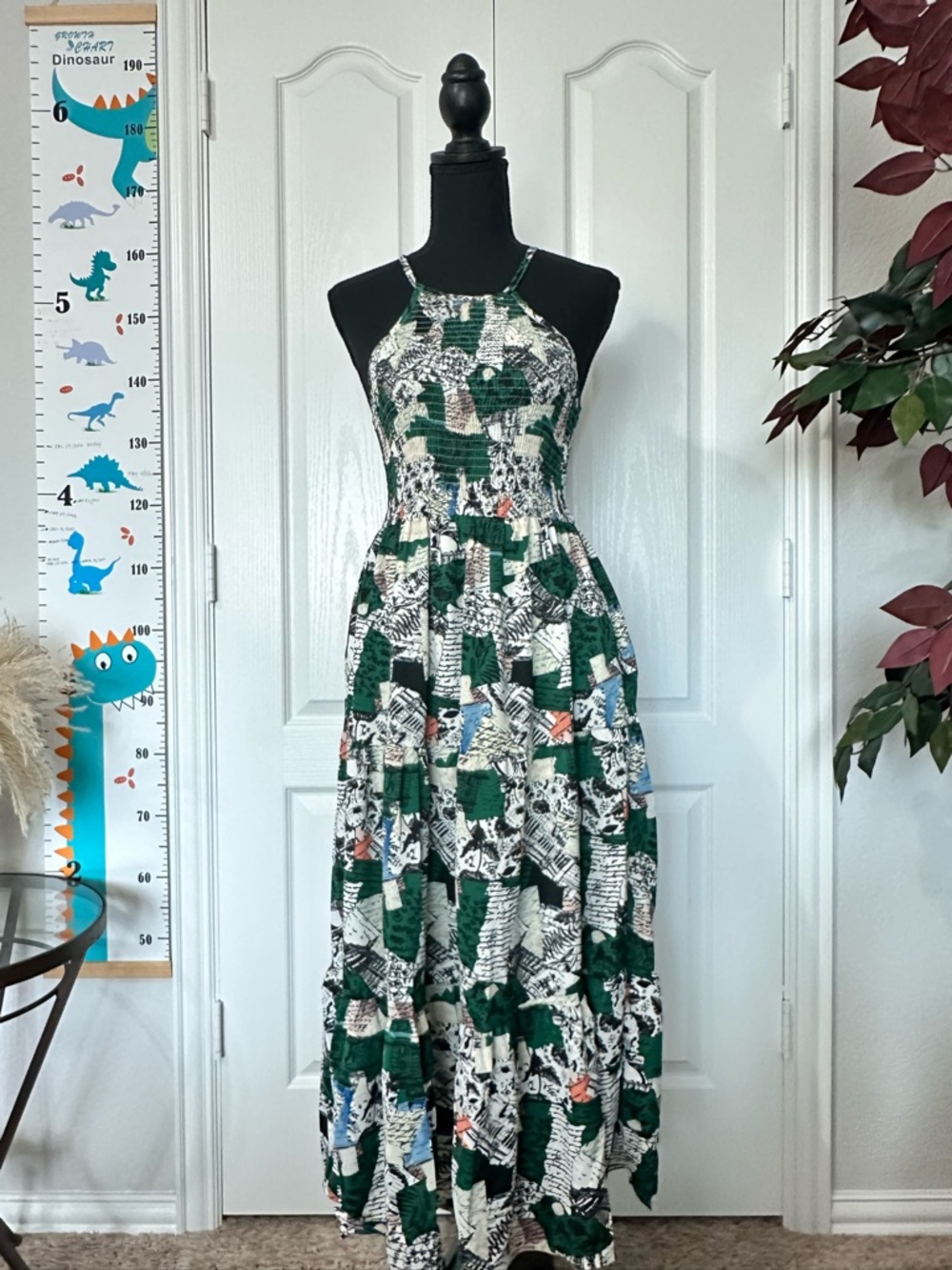 Halter Smocked Maxi Dress Green Printed- Fits S-M,adjustable strap,Length:112cm